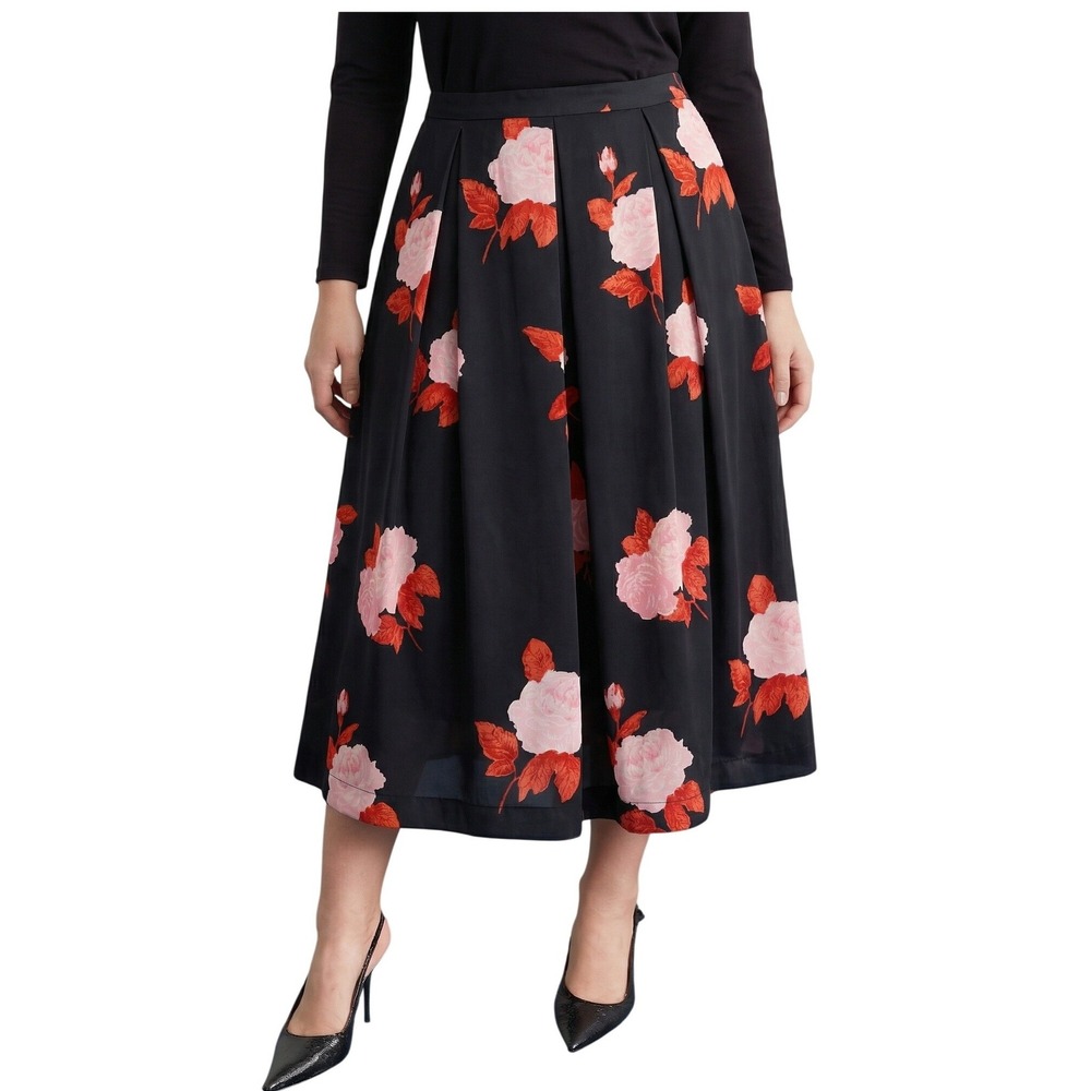Who What Wear Floral Rose Midi Skirt Women Size 16 Black Pink New Pleated A-Line